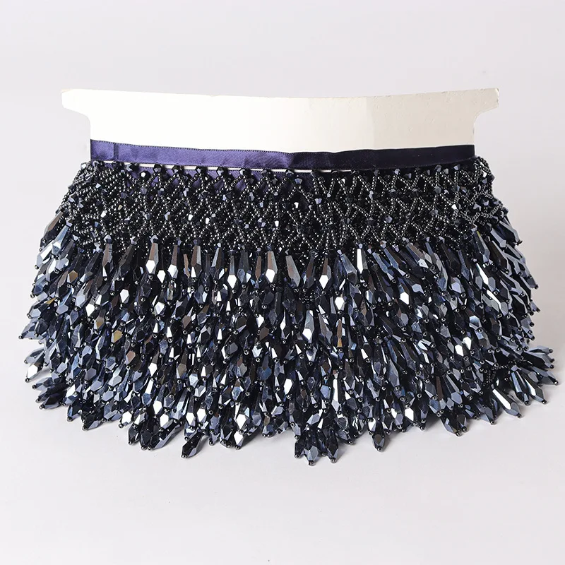 LS983 Hot Sale Fashion 5 CM Iridescent Glass Crystal Beaded Lace Trim Mesh Weaving Fringe Tassel Trim