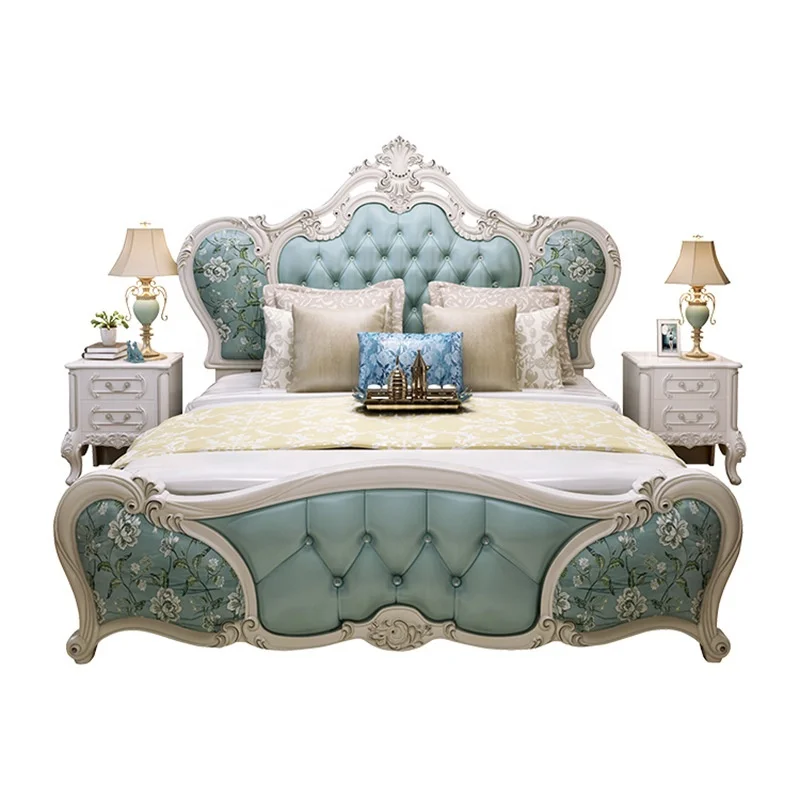 Luxury European Royal Antique Solid Wooden Frame Carving Bedroom Furniture Set Leather Wedding Bed