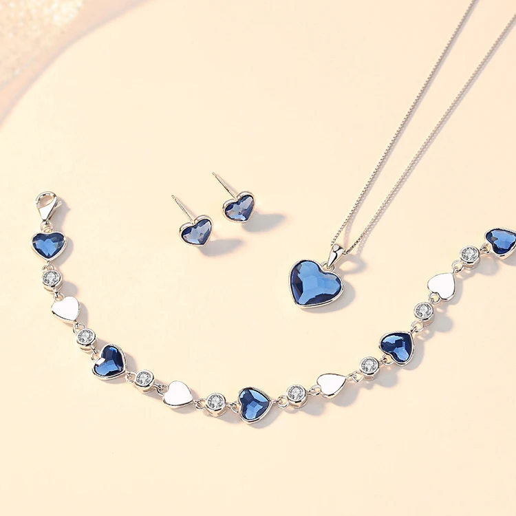 Cute S925 Austrian Crystal Heart Ocean Stud Earrings Bracelet Necklace