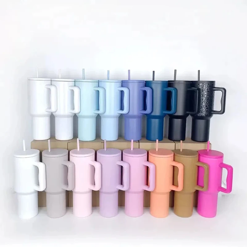 40oz reusable hiking stainless steel insulated blank adventure travel tumbler with handle and straw cover