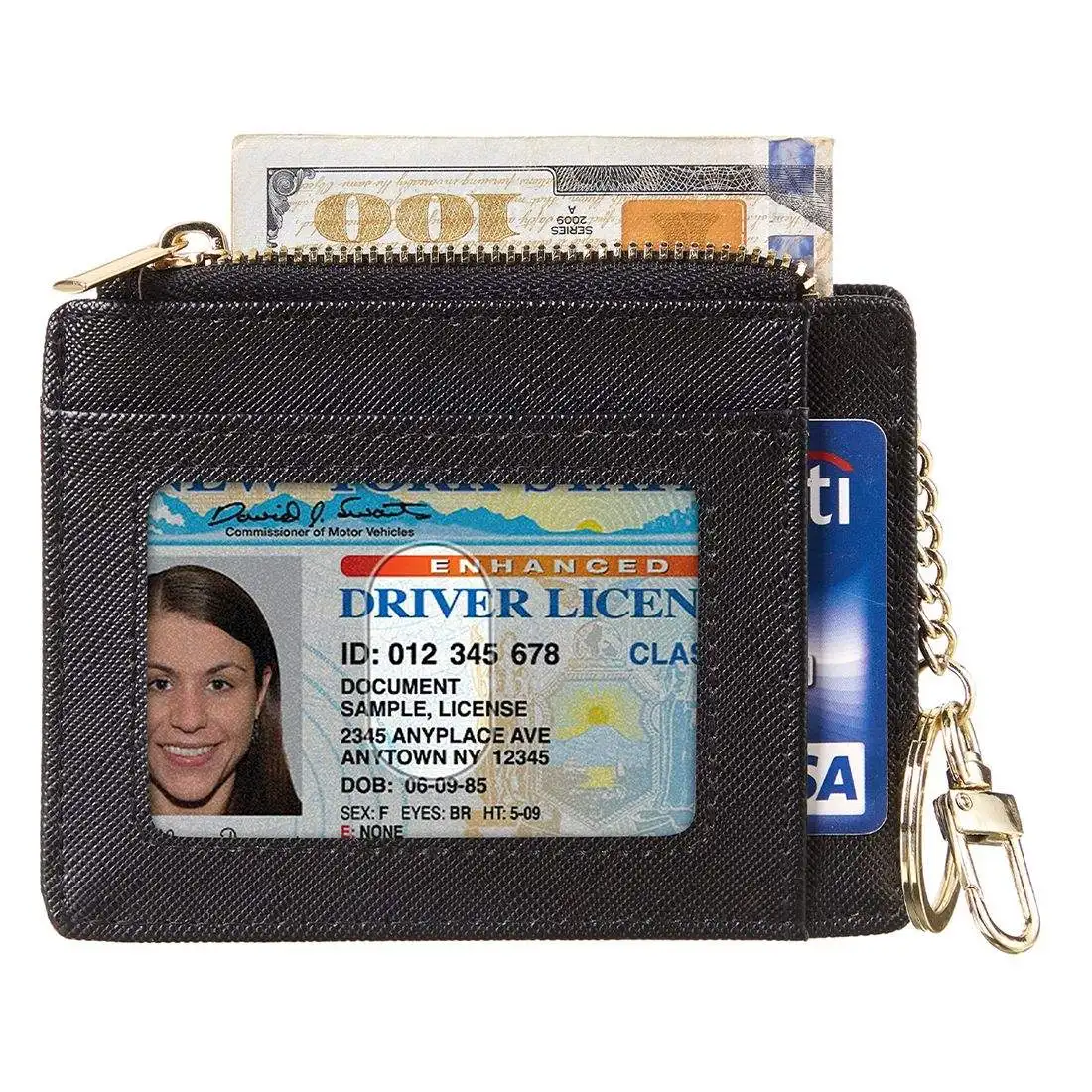 Free Sample Ladies Colorful Slim Custom Black Leather Keychain Card Holder Rfid Blocking With ID Window