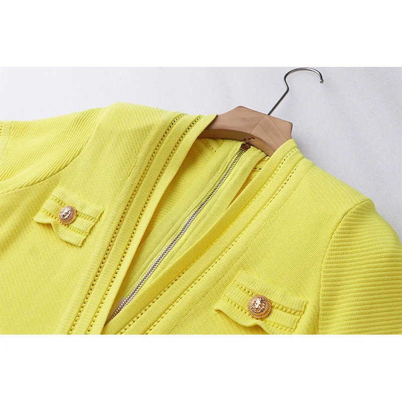 2024 New ready to ship or custom high quality top fashion v neck knitted yellow dresses women elegant