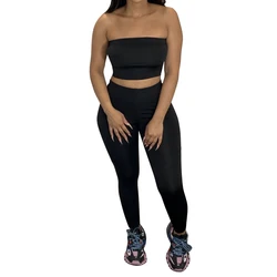 Womens Casual Solid Color Tube Top Pencil Pants Sports Two Piece Suit Gym Summer Womens Jogging Sets 2 Piece