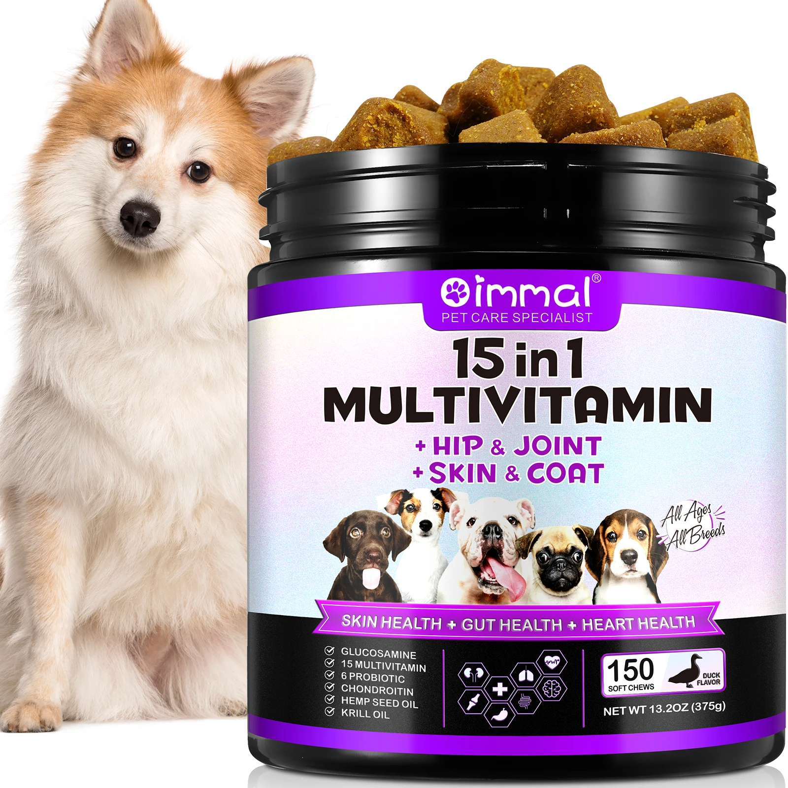 OIMMAI immunity digestion joint heart health support pet supplement soft chew dog 15 in 1 multivitamin pet vitamin supplement