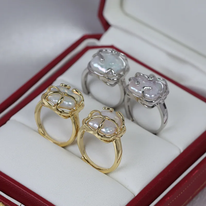 Fashion new design irregular square Baroque natural freshwater adjustable pearl ring copper jewelry wholesale