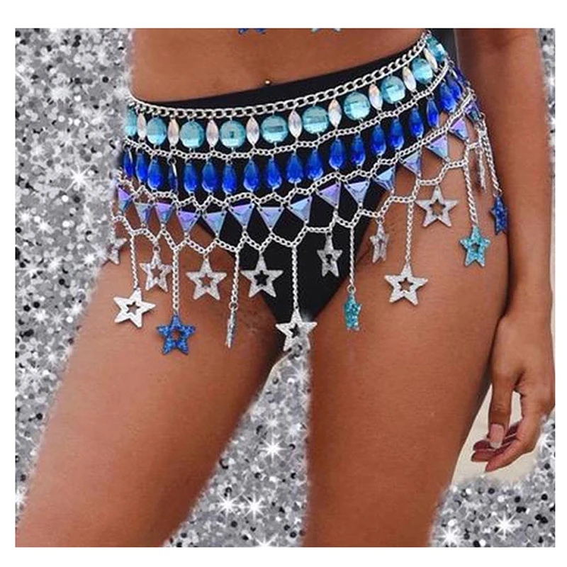 Women Body Harness Bohemian style Jewelry Night Party Hot Sexy Skirt Night Club Sexy Sequin Star pendant Skirt Carnival