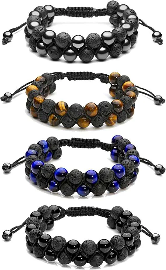 Natural Gemstone Tiger Eye Double Layers Stress Relief Macrame Adjustable Rope Beaded Bracelets For Men