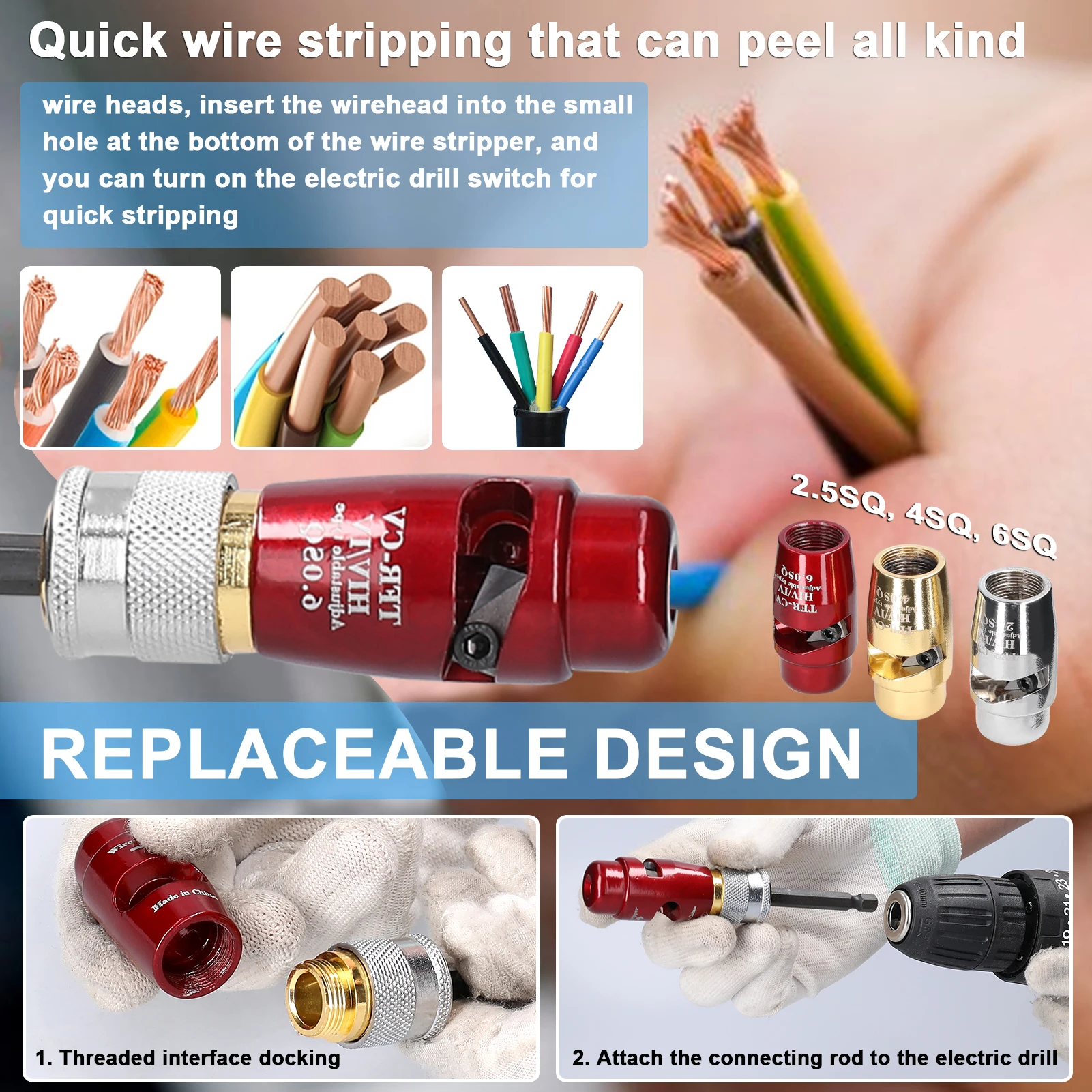 Aluminum Alloy Electric Wire Stripper Cable Peeling Stripper Rotary Stripping Tool Compatible with A Variety of Electric Drills