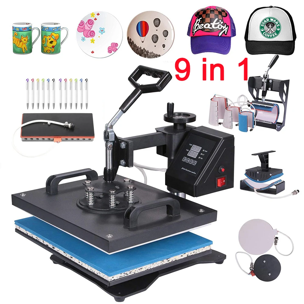 9 In 1 Heat Press for Mug Plate Hat T-shirt Pen Phone Case Puzzles Combo Heat Transfers 12*15 Inch Tshirt Printing Machine