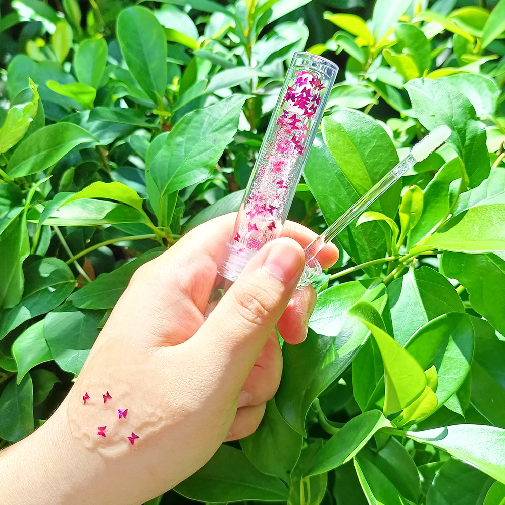 Wholesale Custom Lipgloss No Logo Shiny Vegan Organic Kids Lip Plump Moisturize Glitter Butterfly Clear Lip Gloss