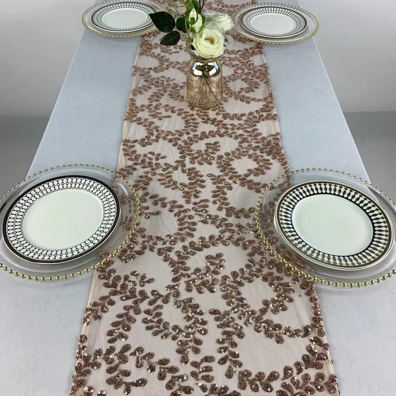 TR064#73 wedding table runner floral table runner sequin bow