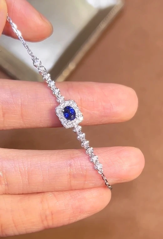 Simple INS Style 18K White Gold Jewelry Natural Royal Blue Sapphire Tennis Bracelet Fashion Accessory Charm Bracelet