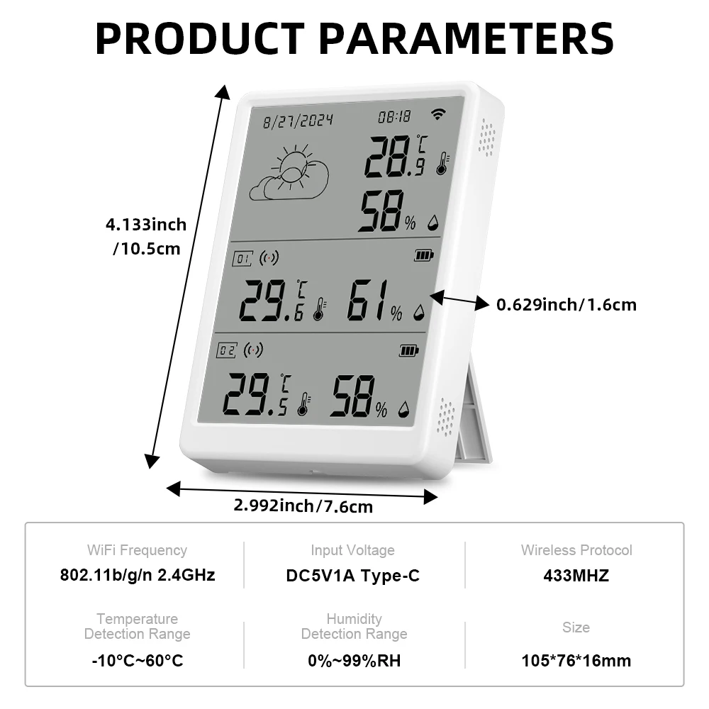 Tuya WIFI Weather Station Big LCD Screen Display Temperature&Humidity Monitor compatible with RF433 Temperature humidity sensor