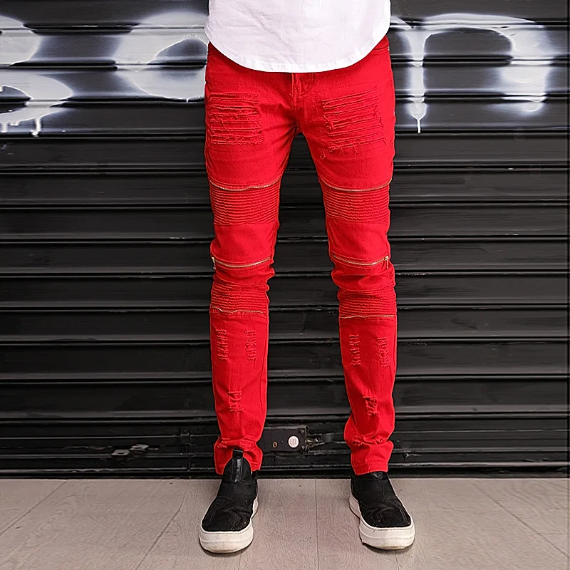 High Quality Highstreet Jeans Mens Red Black White Skinny Ripped Long Pants Custom Fit Leisure Trousers