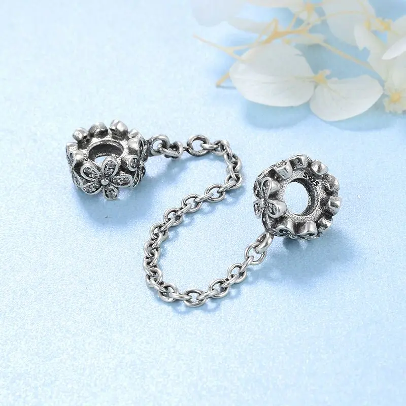 Real 925 Sterling Silver Charm Flower Safety Chain Beads DIY for Fashion Fit Charms Bracelet Jewelry Making