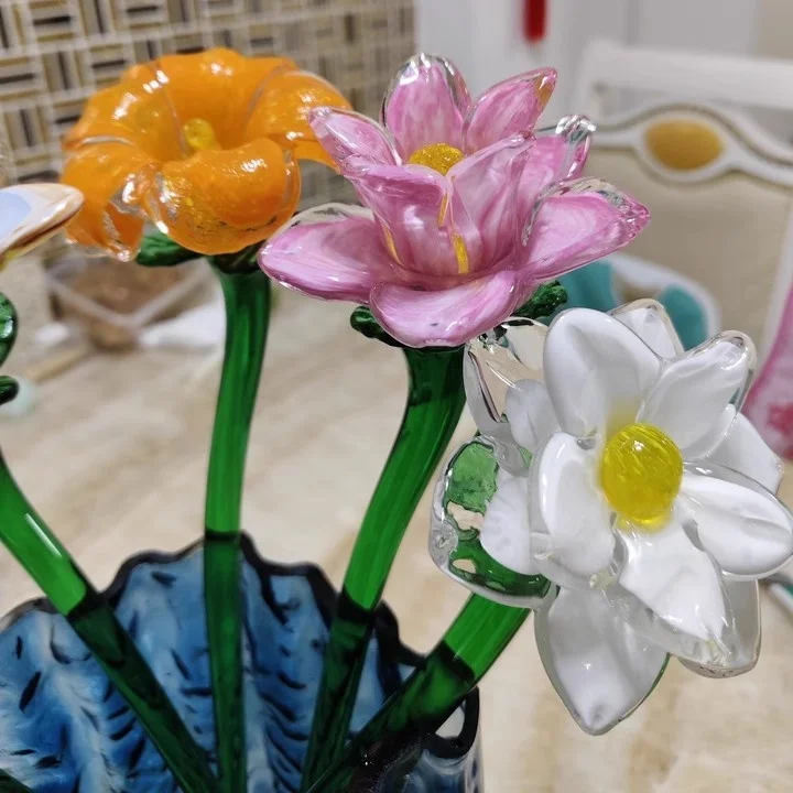 Artificial flowers Hand Blown Art Nordic Folk Art Decorative Long Stem vivid colored murano glass flower vase decoration flowers