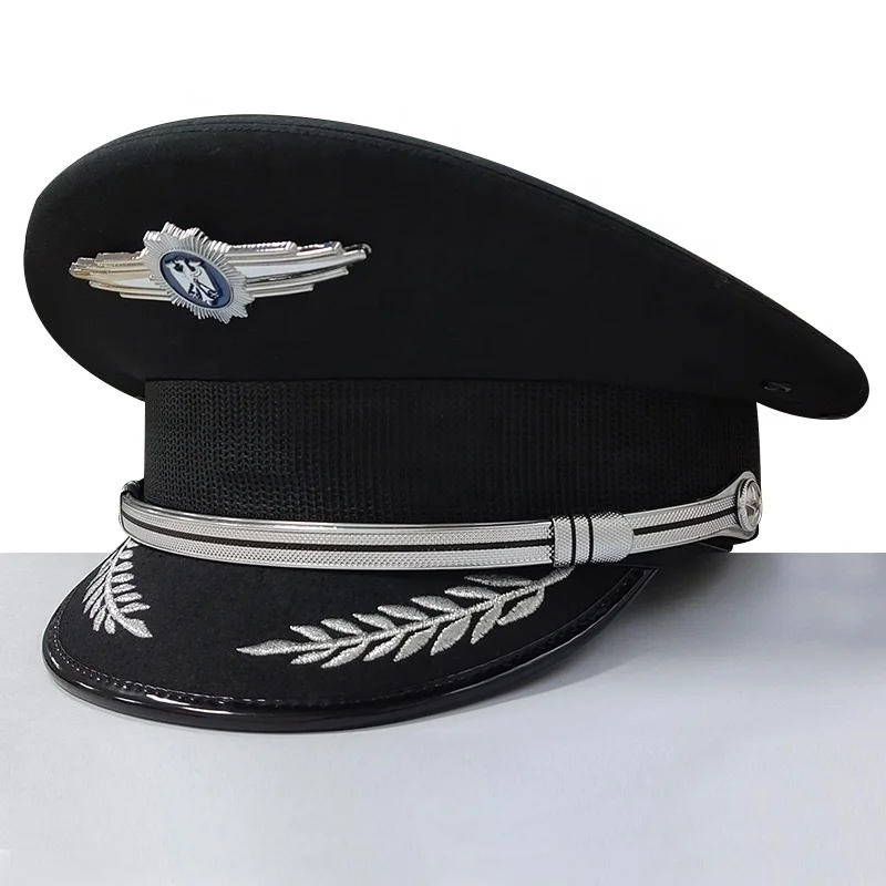 Custom Detachable Black Officer Uniform Dress Security Hat Commander Peaked Cap