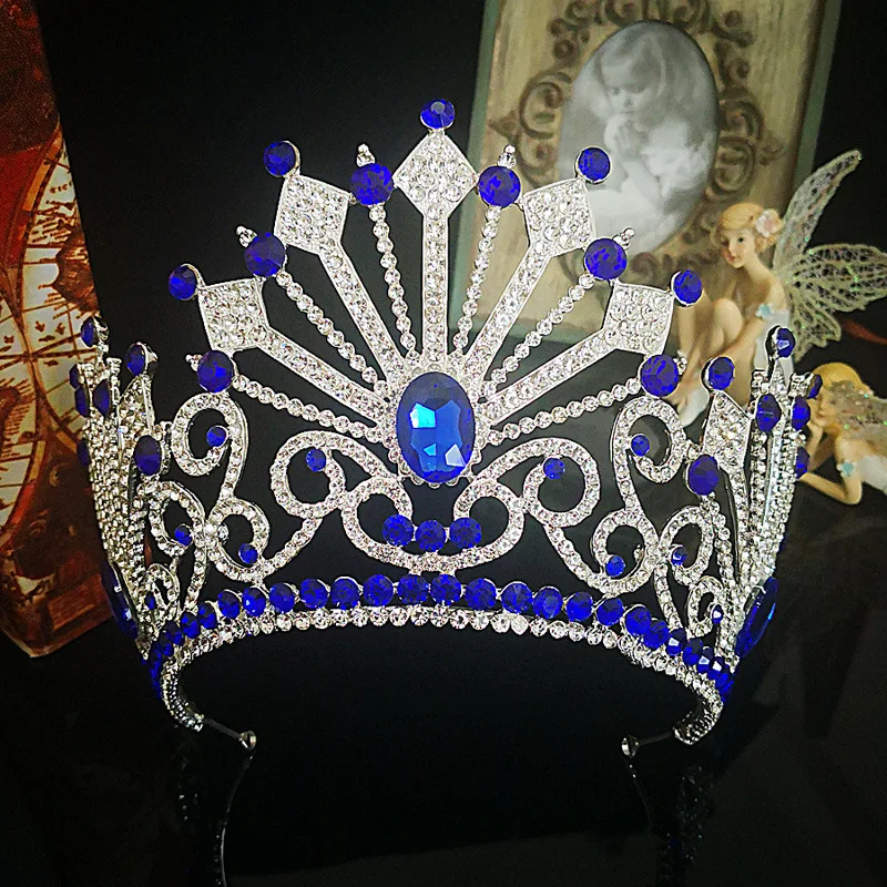 Свадебные украшения для волос, тиары с синими кристаллами и стразами, тиары, большие короны, диадемы для выпускного вечера, вечернего платья, головной убор, свадебные аксессуары