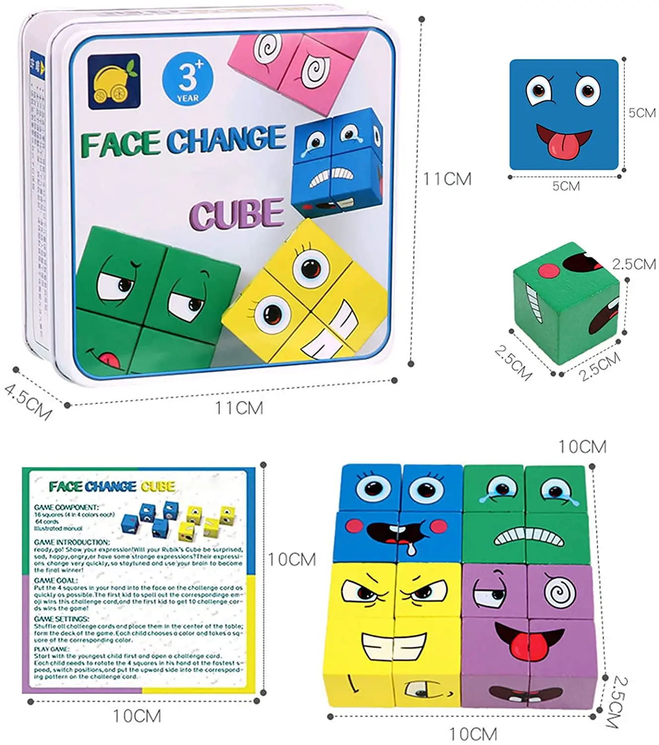 Educational Wooden Expressions Matching Puzzle Face-Changing Magic Cube Building Blocks Game Thinking Training Brain Toy w/ Bell