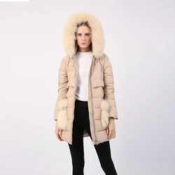 Real Fur Beige Duck Down Jacket Women Fashion Big Fur Pocket Winter Quilted Coat