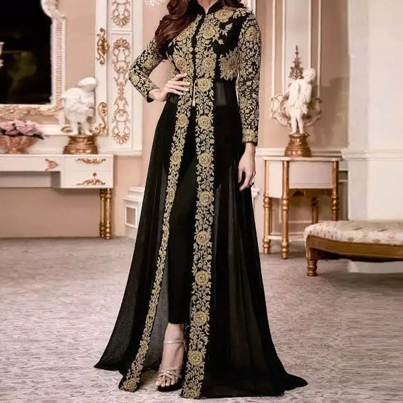 The New abaya dubai monsoon Arabic Evening Dress skirt printing Long Sleeve Moroccan Kaftan Gown Muslim Prom jalabiya for women