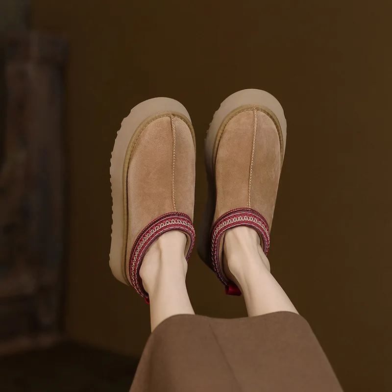 Cow leather tasman platform warm fur ladies fashion fur fluffy Slippers for women