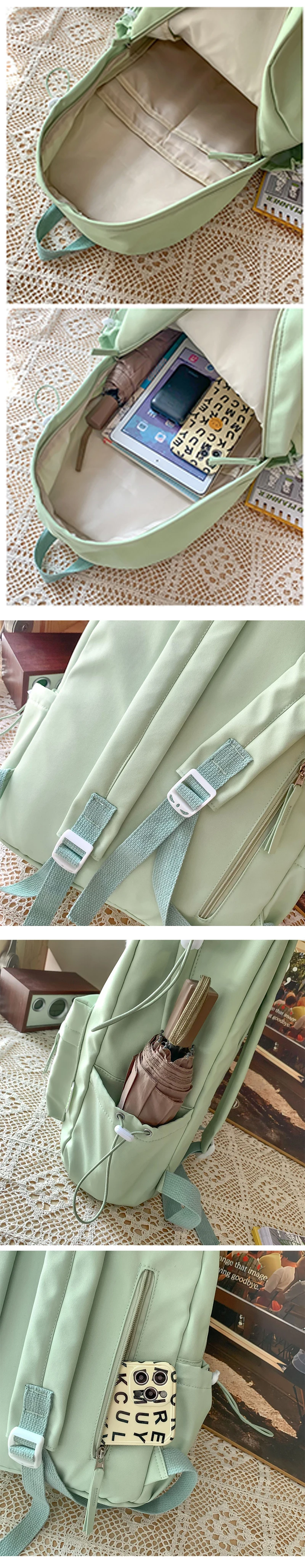 Customizable Green Nylon Waterproof School Backpack for Women Girls Summer Bag with Cute Decoration and Logo