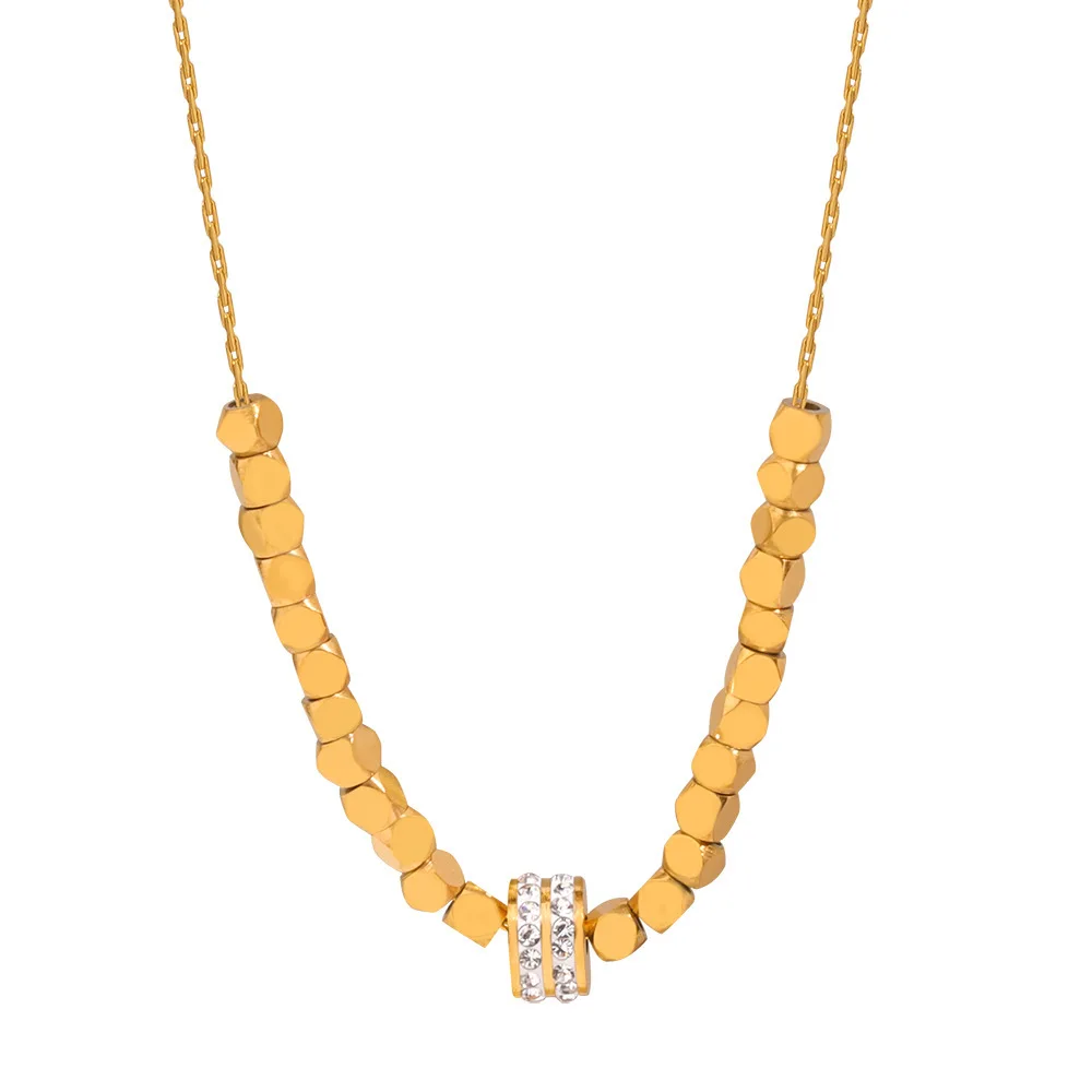 Fashion Jewelry 18k Gold Plated Stainless Steel Square Bead Beaded Inlaid Zircon Circle Charm Necklace Women