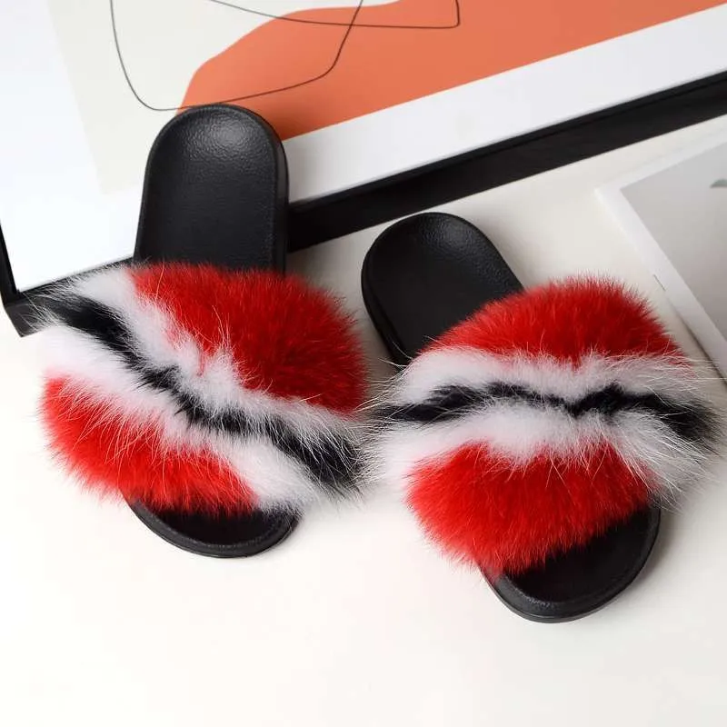 Wholesale Furry Slides Printing Custom logo Slippers Women 100% Real Fluffy Fur Slippers with logo