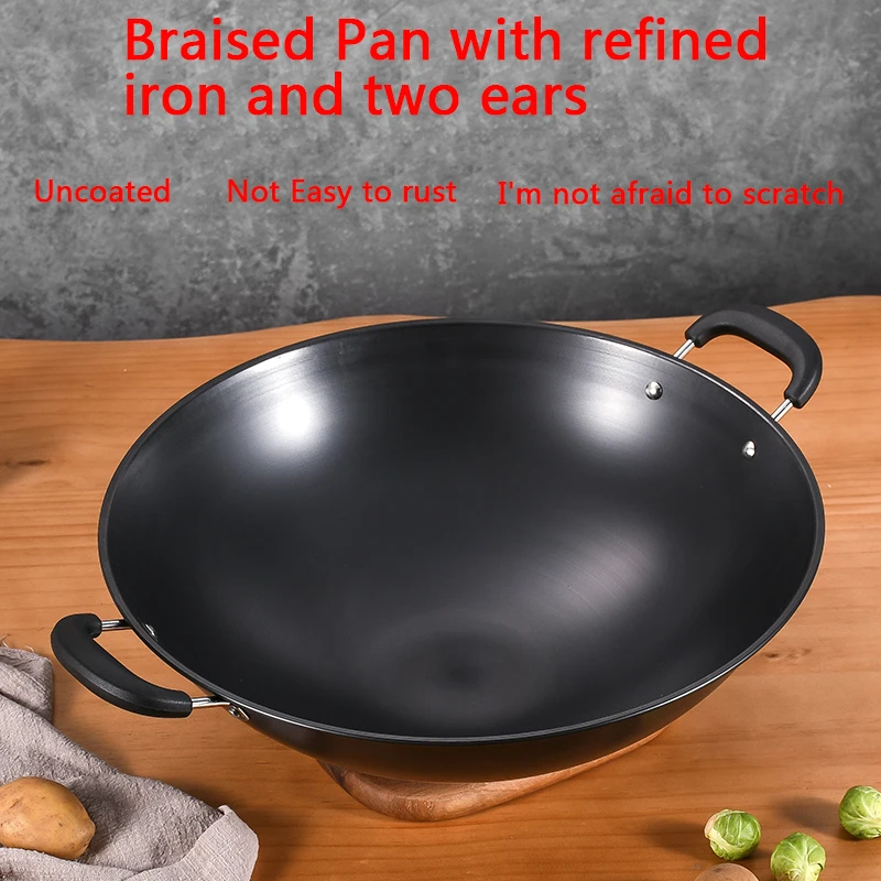 Stainless Steel Uncoated Nitriding Anti-rust Non Stick Braised Pan Black Refined Iron And Double Handle Wok