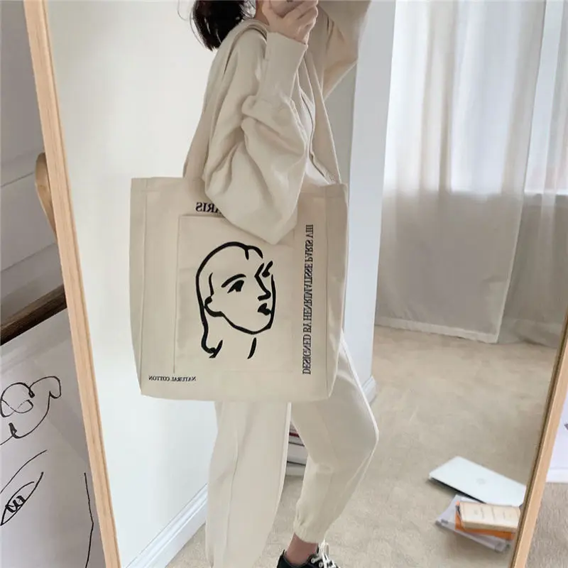 LOW MOQ Custom logo Printed Calico Cloth Organic Cotton Canvas Tote Bag With Outside Pocket and Zipper for College Students