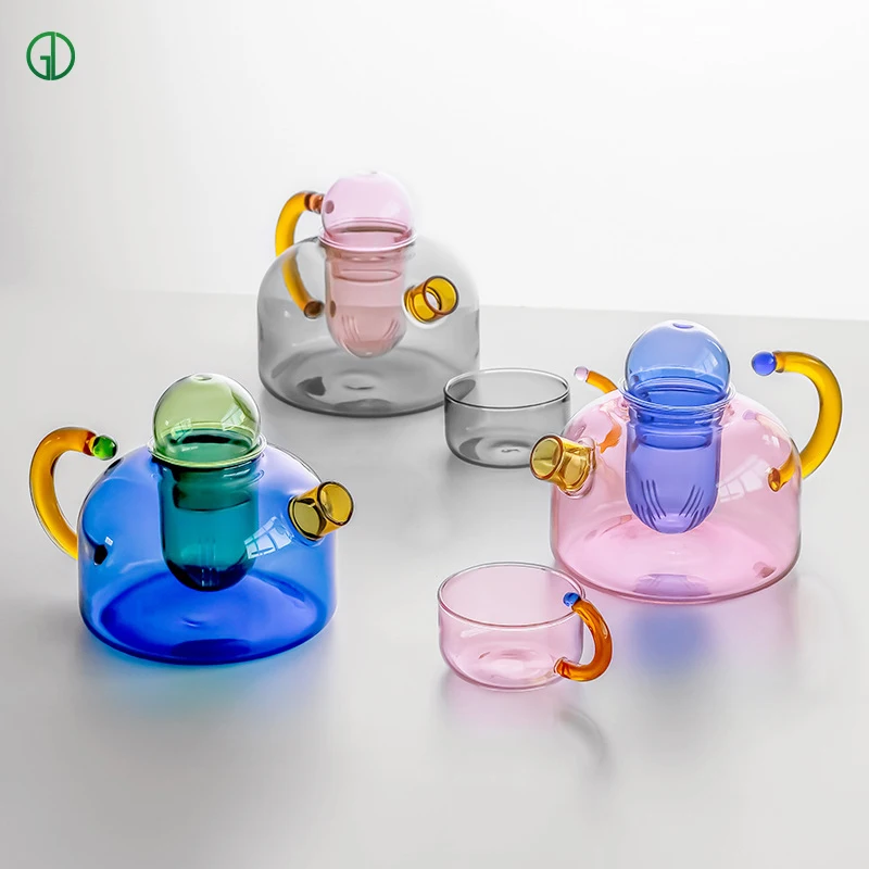 Wholesale Creative color contrast high temperature resistant glass kettle Nordic color glass cup