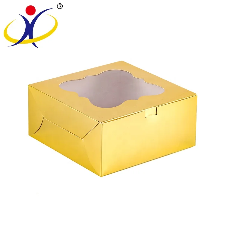 Custom Golden Color Cake Paper Box With Flower Window Bakery Takeout Cupcake Packing Folding Paper Box