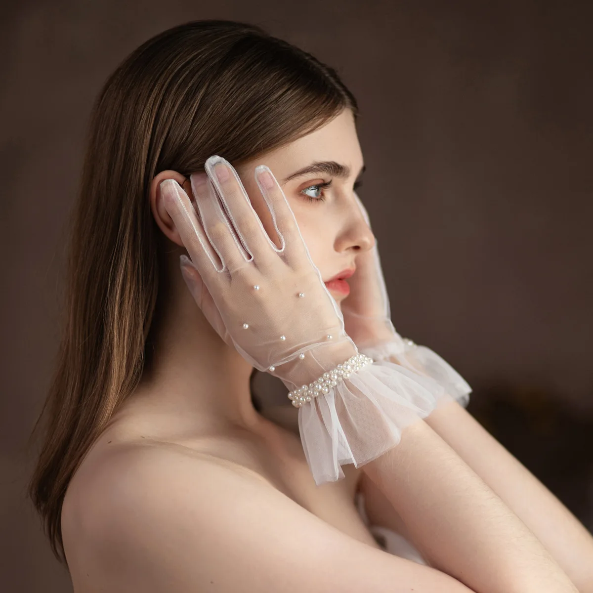 LUOXIN Women Pearl Gloves Tea Party Short Dress Gloves Full Fingered Bridal Gloves