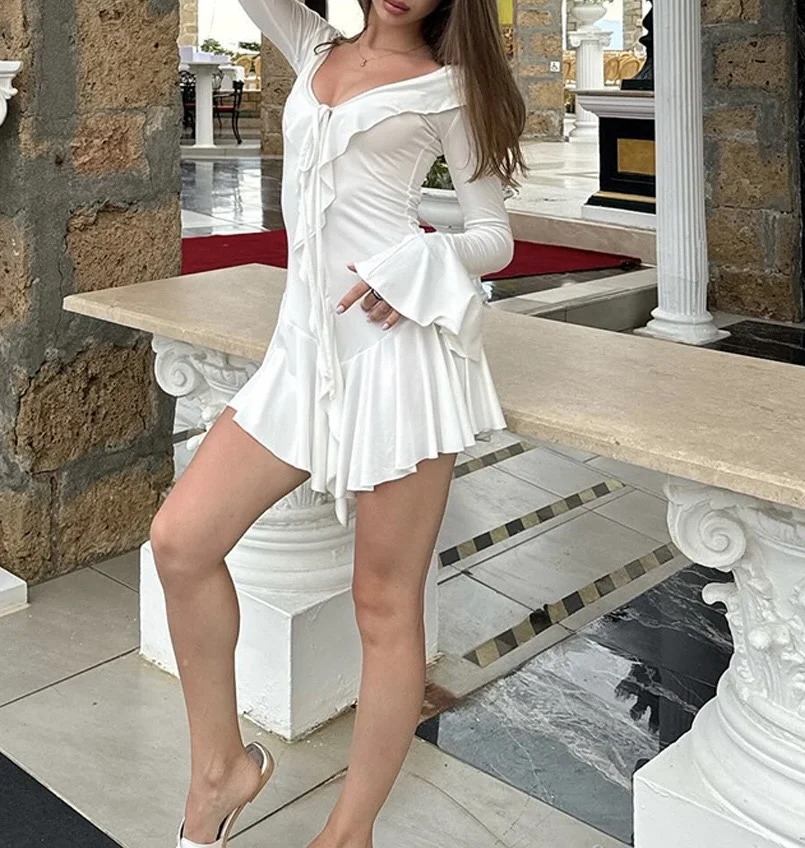 V-Neck White Dresses For Woman Elegant Long Sleeve Ruffled Spring Dresses Asymmetrical Hem Bell Sleeves Mini Dresses
