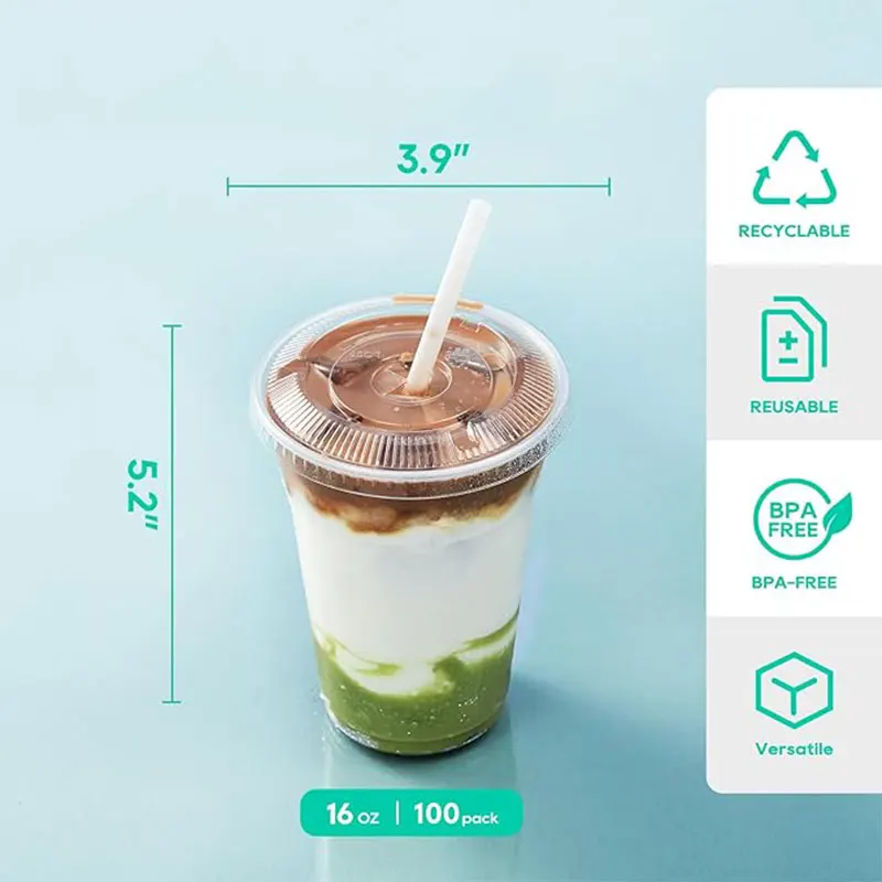 Wholesale Clear Plastic Cups Coffee Shop Takeaway Disposable PET Cups Cold Beverage Cups with Lids