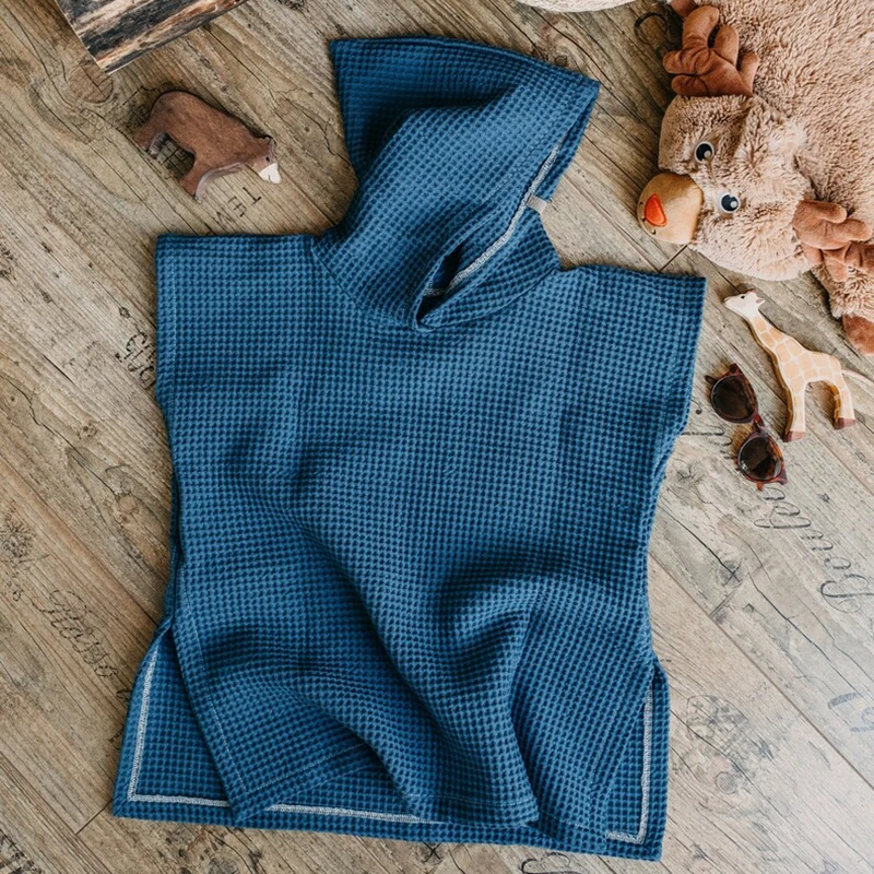 Quick Dry 100% Organic Cotton Waffle Beach Towel Poncho Robe Hooded Boys Girls