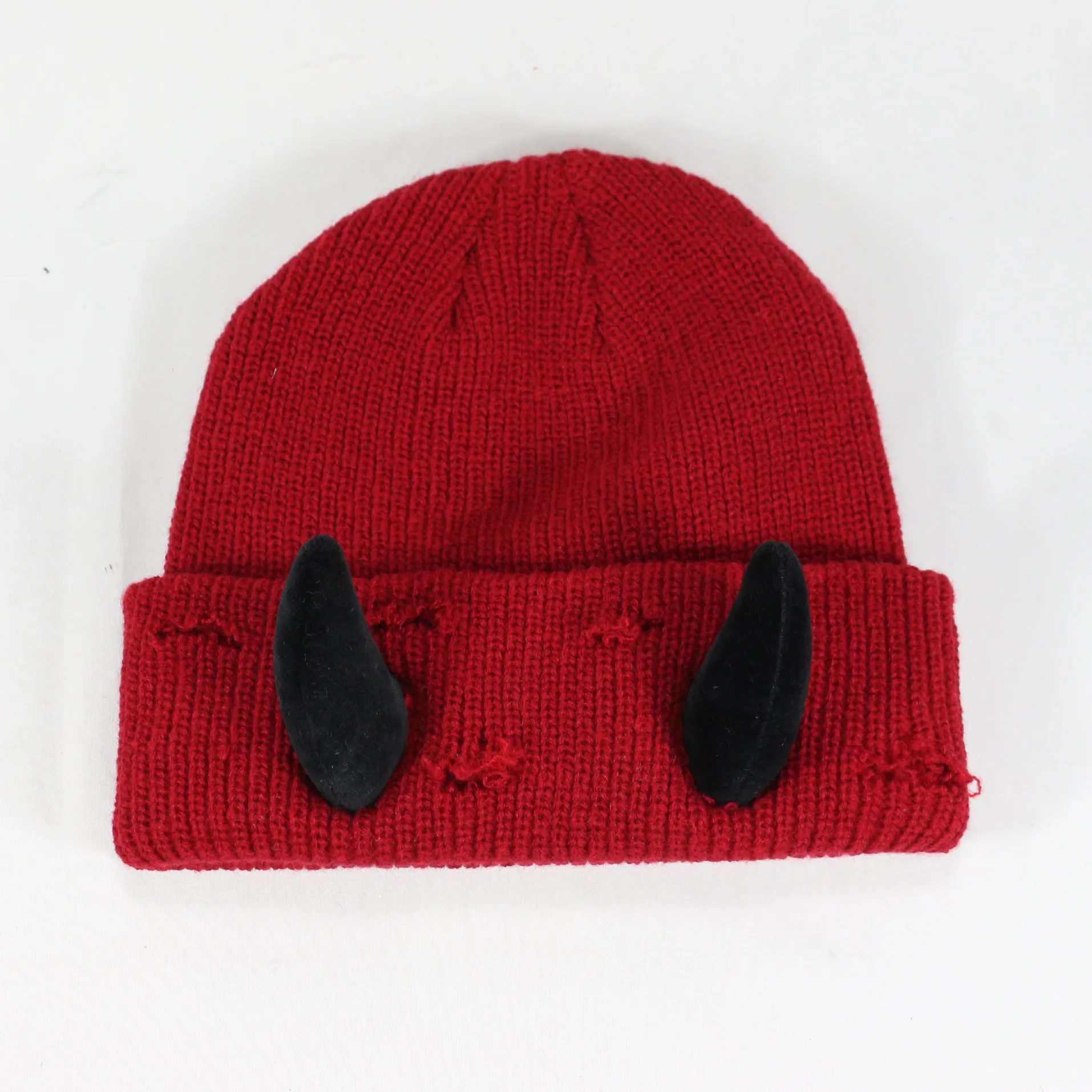 Custom Winter Halloween Funny Distressed Demon Devil Horns Cuffed Acrylic Knitted Beanie Hat With Horns