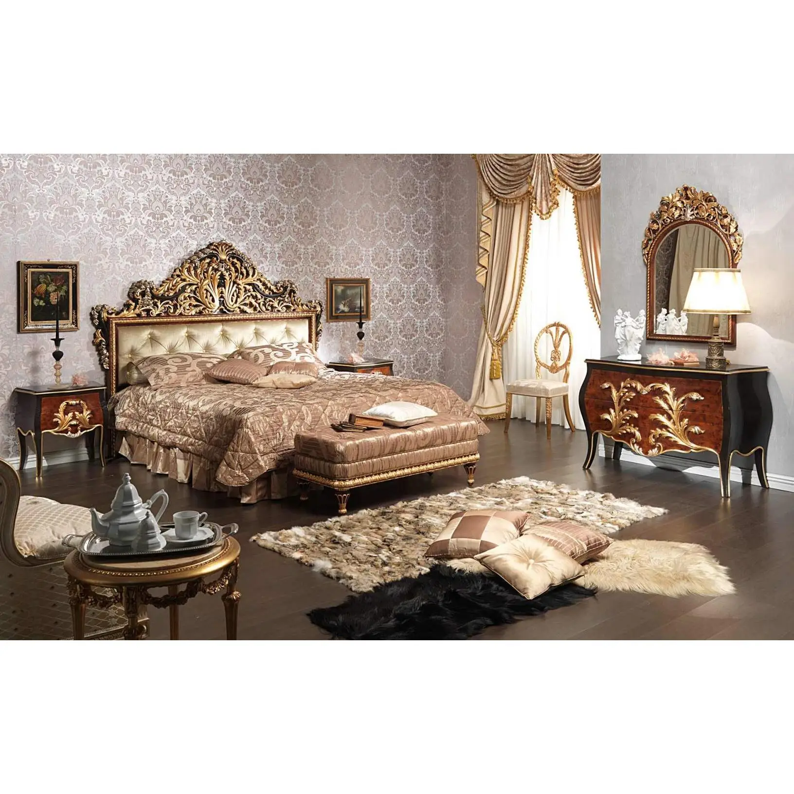 CBMmart Custom Design Handcrafted Italian Classical Royal Furniture Antique Gold Bedroom Sets