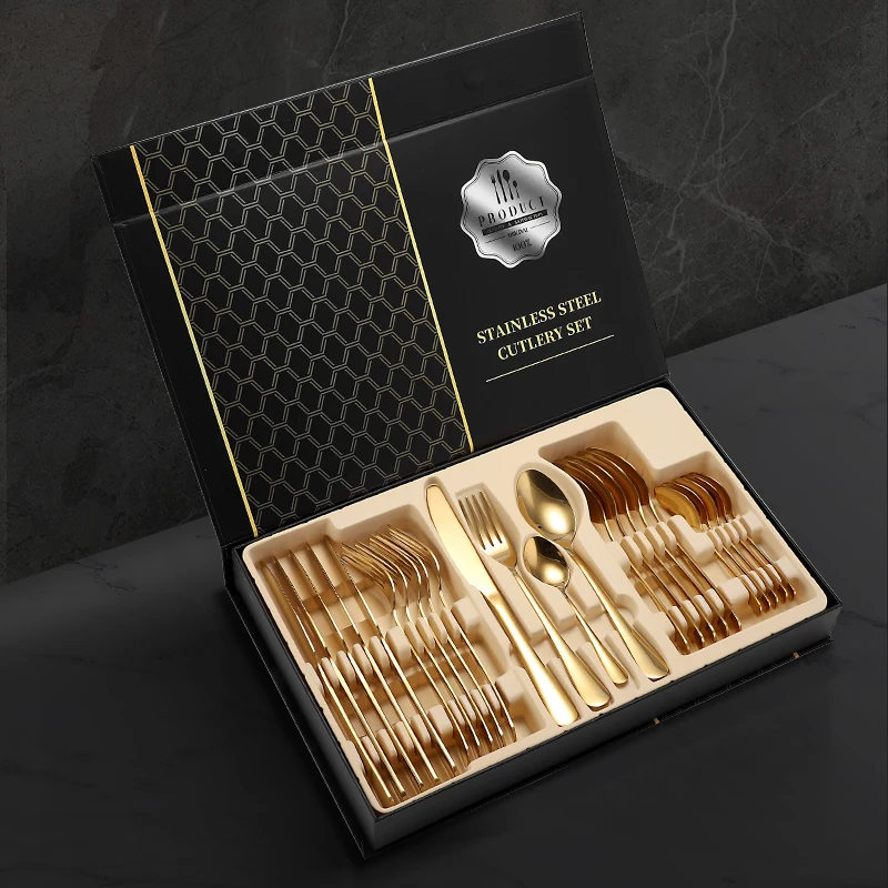 
Stainless Steel Gift Box Knives Forks Spoons Tea Spoons 24pcs Silverware Golden Rainbow Black Cutlery Set 