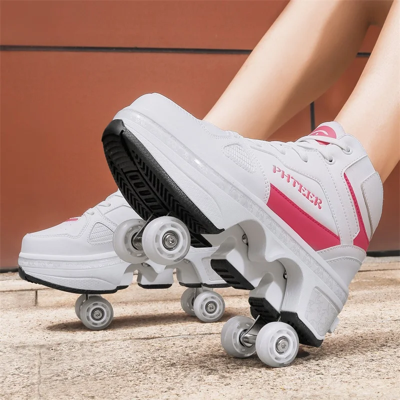Roller Skate Shoes, Student Retractable Four Wheel Inline Skates, Explosion-Proof Walking Shoes With Buttoned Shoelaces