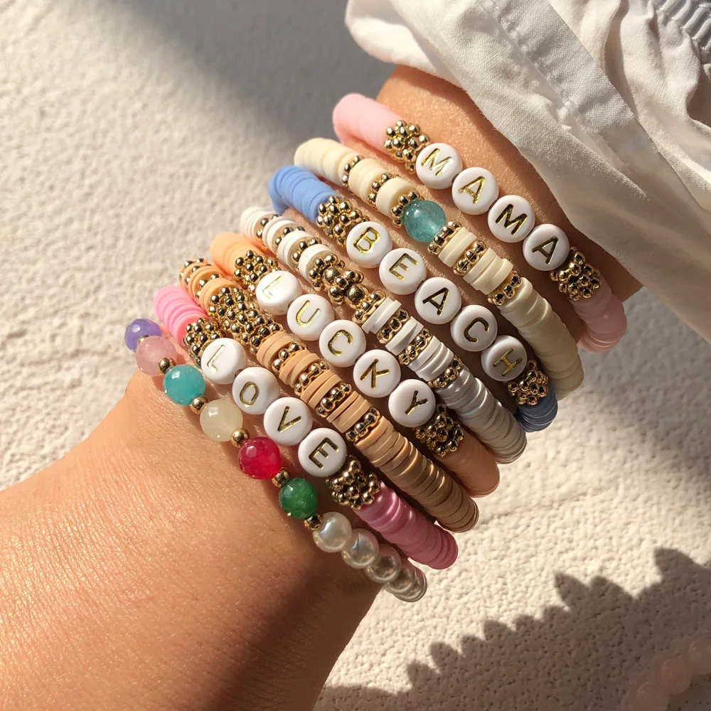 SHIHAN Bohemian Colorful Polymer Clay Acrylic Letter Love Beach Mama Lucky Beads Bracelets