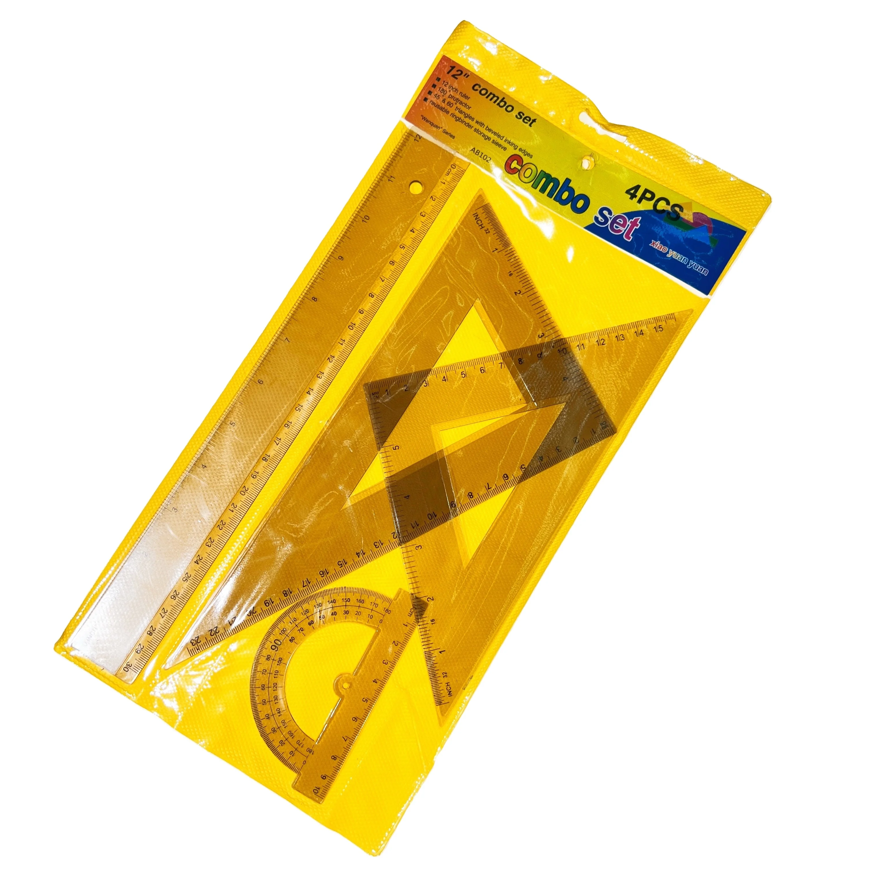 Hot selling zollstock new non-woven bag packaging architecture drafting tools plastic triangle ruler protractor 4piece ruler set