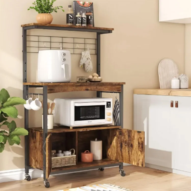 Bakers Racks With Storage Cabinet, Height-Adjustable Microwave Stand For Kitchen With Wheels  Feet Innovative Products