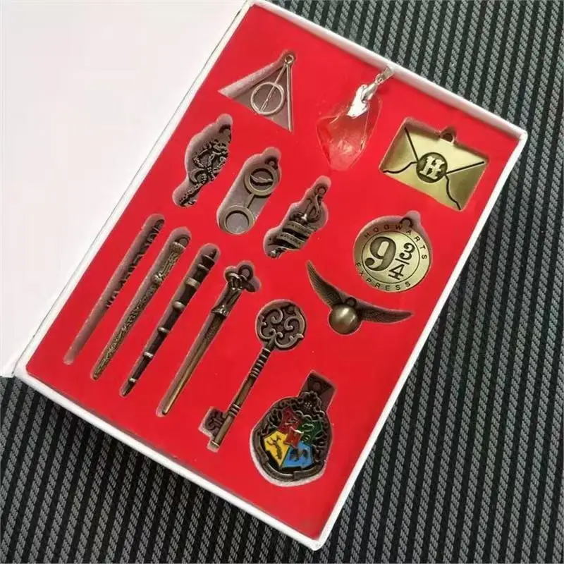Wholesale Cosplay Accessory Movie Harry School of Magic Scepter Badge Necklace Pin Pendant Ring Set Anime Collection Box