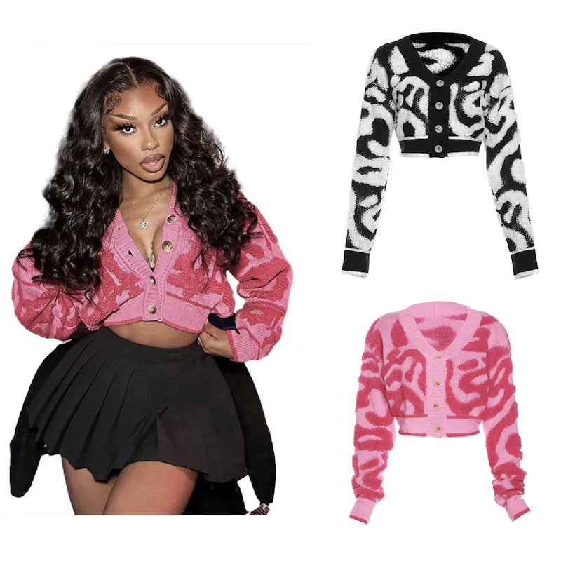 2023 New Arrival Fall Knitted Outfits Women Boutique Clothing Knit Pink Long Sleeve Button V Neck Cardigan Sweater Top