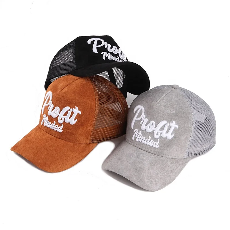 BSCI Factory High Quality 5 Panel 3D Embroidery Suede Mesh Caps Hats Custom Suede Trucker Hat