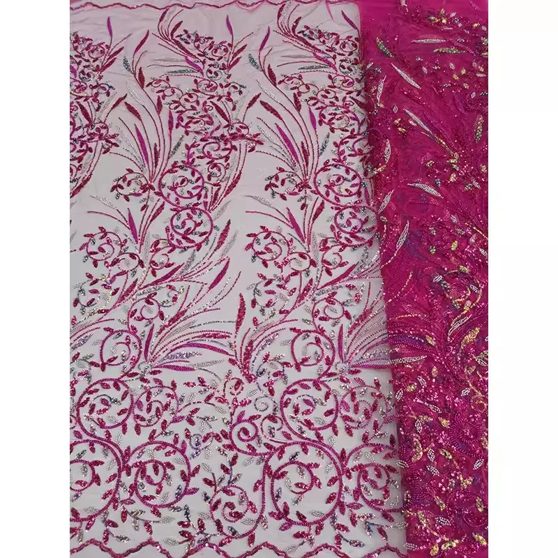 Width 125 cm Polyester Embroidered Tulle mesh fabric gold Sequins beads fabric for women fashion wedding bridal dress