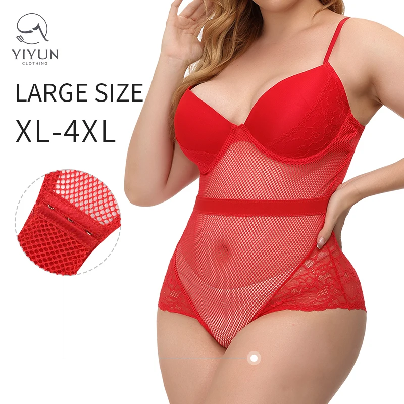 YIYUN New Style Plus Size XL-4XL Transparent Mesh Underwear Erotic Hollow-out See Through Dress Women Lace Red Sexy Lingerie