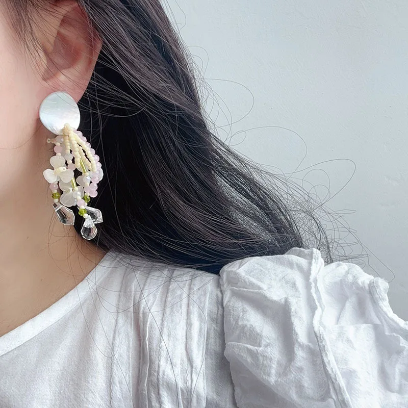 YANYE 3 Colors Original Oil Painting Back Garden Series Shell Tassel Earrings Pure Handmade Crystal Beaded Flower Earrings
